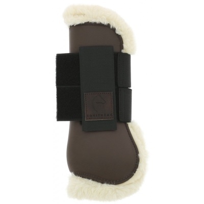 Protector castanho para cavalo com forro branco e faixas negras de fixação