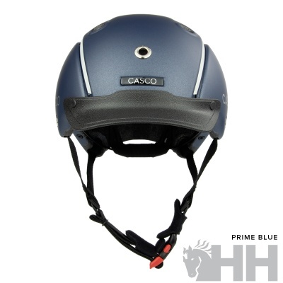 Capacete azul escuro mate com tiras pretas e fecho vermelho