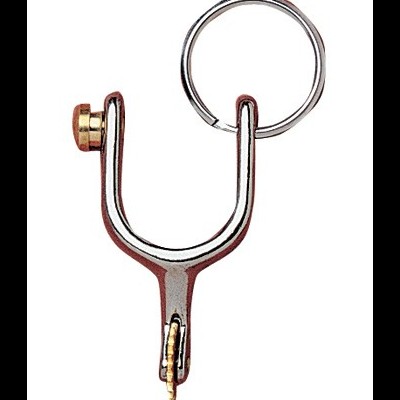 Chaveiro metálico formato espora com argola prateada