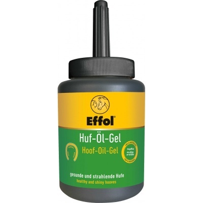 Frasco plástico preto com rótulo amarelo e verde do produto Effol Huf-Öl-Gel, óleo gel para cascos