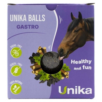 Embalagem roxa com bola preta e imagem de cavalo, com texto e ícones informativos