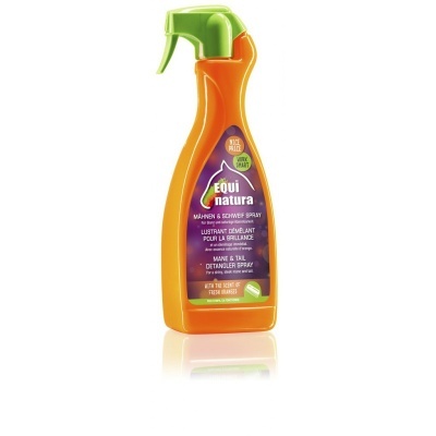 Frasco laranja de spray para crina e cauda com tampa verde e rótulo roxo