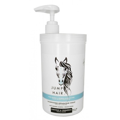 Frasco branco de shampoo com doseador e desenho de cavalo preto e branco