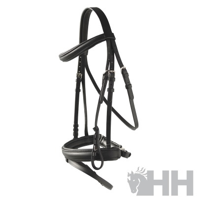 Cabeçada de cavalo em couro preto com fivelas metálicas