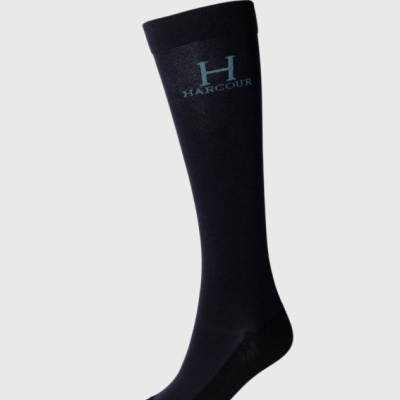 Meia longa preta com logo HARCOUR azul claro na parte superior