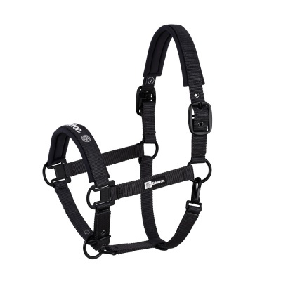 Cabresto para cavalo preto em nylon com fivelas e etiqueta da marca VK