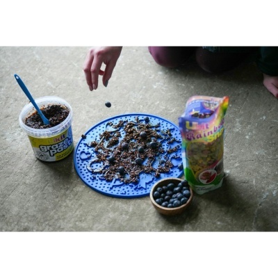 Placa azul com grânulos marrons, recipiente branco com grânulos e colher azul, saco plástico colorido e tigela de madeira com frutas azuis no chão