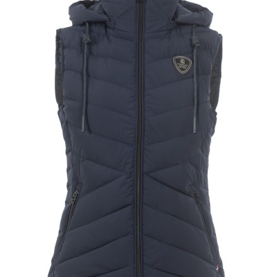 Colete azul escuro acolchoado com capuz e fechos