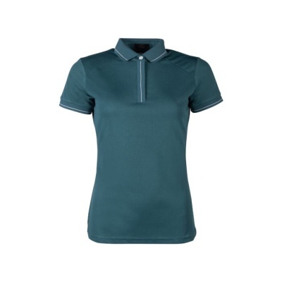 Polo feminino azul escuro com gola e punhos com risca branca