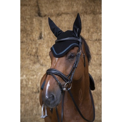 Cavalo castanho com peitoral e tapa ouvidos preto em fundo de feno