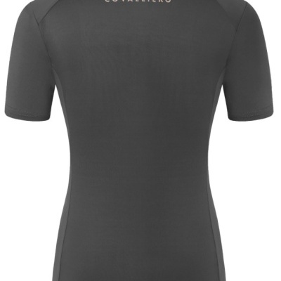 Camisola tipo polo cinza escura feminina vista de trás com texto COVALLIERO