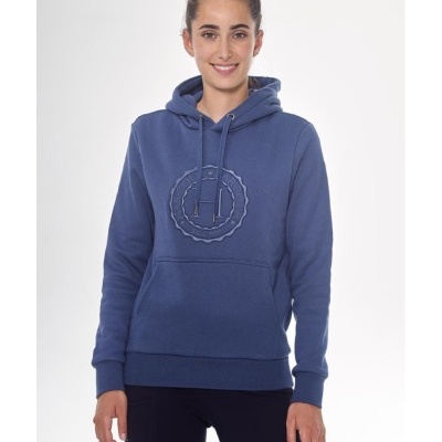 Sweatshirt feminina azul com capuz e padrão circular em relevo