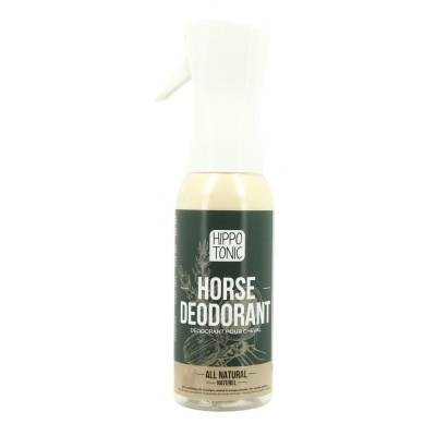 Desodorizante para cavalos Hippo Tonic com rótulo verde escuro e pulverizador branco