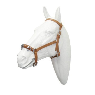 Cabeça decorativa de cavalo branco com arreio castanho na parede