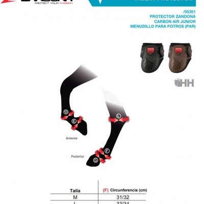 Protector Zandona Carbon Air Junior para potros em preto e castanho com fechos vermelhos