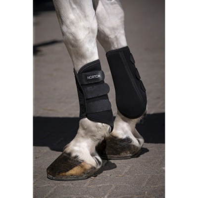 Pernas de cavalo branco com botas de proteção pretas rotuladas NORTON