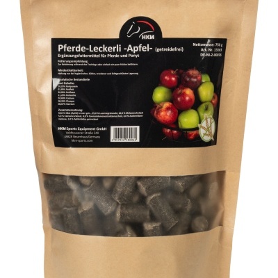 Embalagem de petisco castanho para cavalos com rótulo preto e imagem de maçãs vermelhas e verdes