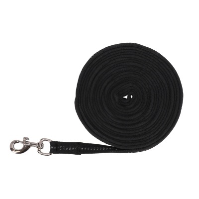 Trela preta enrolada com mosquetão metálico prateado