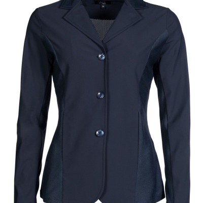 Blazer feminino azul escuro com botões e gola de lapela