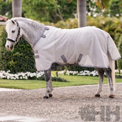 Cavalo cinza claro com casaco de rede branco e fechos cinzentos em ambiente exterior