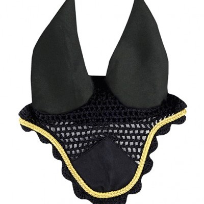 Protector de orelhas para cavalo preto com rede e acabamento dourado