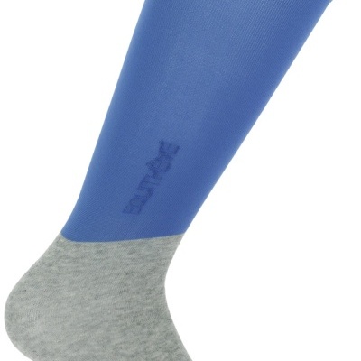 Meia cano alto azul e cinza com texto EUROPE na lateral