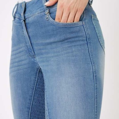 Calças de ganga azul claro com bolso frontal e padrão interior