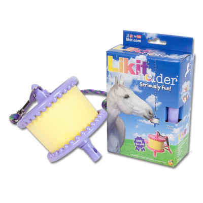 Dispositivo Likit Holder amarelo com lilás para cavalos com embalagem azul