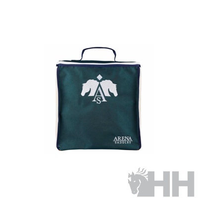 Bolsa verde escura com desenho branco de cavalos e texto ARENA SADDLES