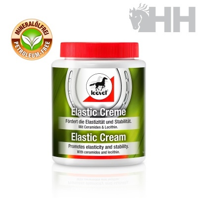 Pote de creme elástico Leovet com tampa vermelha e rótulo verde e branco no fundo branco