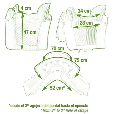 Descrição técnica da sela de cavalo com medidas em centímetros e texto explicativo em espanhol e inglês