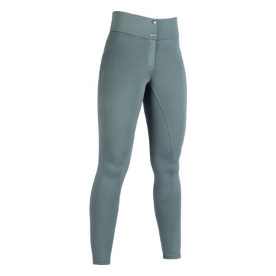 Leggings femininas verde-acinzentadas com cintura alta e botões