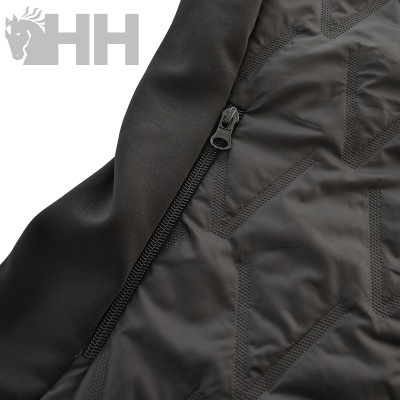 Peça de vestuário preta com fecho de correr e padrão geométrico