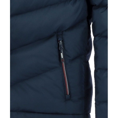 Casaco acolchoado azul escuro com fecho de correr vertical e detalhes em vermelho e preto