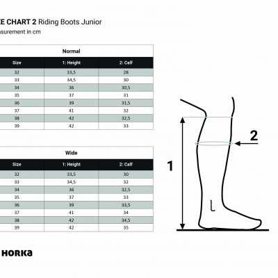 Tabela de tamanhos de botas de equitação júnior Horka com medidas em cm para altura e panturrilha