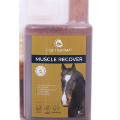 frasco 1L suplemento Equi Karma Muscle Recover com rótulo amarelo e imagem de cavalo