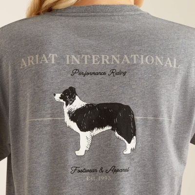 T-shirt cinzenta com estampa de cão preto e branco e texto na parte de trás.