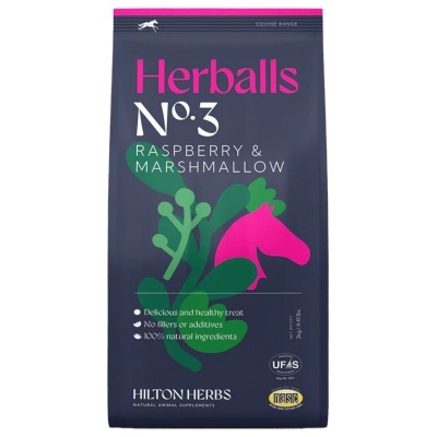 Embalagem azul escura de suplemento natural para animais com texto rosa, branco e verde, incluindo 'Herballs No. 3 Raspberry & Marshmallow'