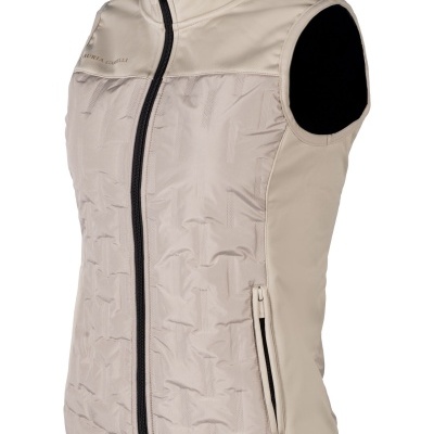 Colete feminino bege claro com zíper preto e gola alta