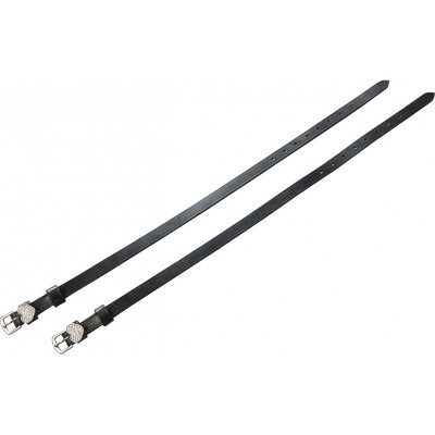 Duas correias pretas finas com fivelas metálicas prateadas e detalhes decorativos