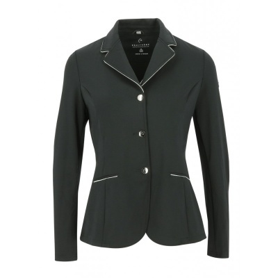 Blazer feminino preto com detalhes em branco nas golas e bolsos, botões prateados
