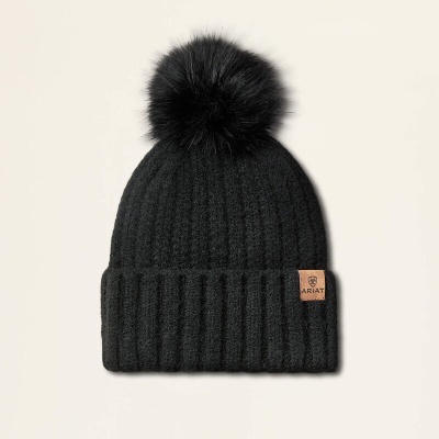 Gorro preto de malha com pompom e etiqueta ARIAT