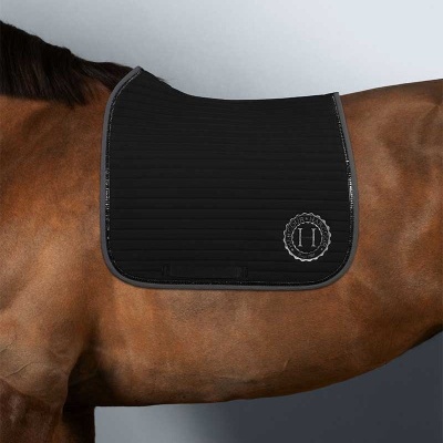 Manta preta de sela com logótipo 'H' sobre cavalo castanho