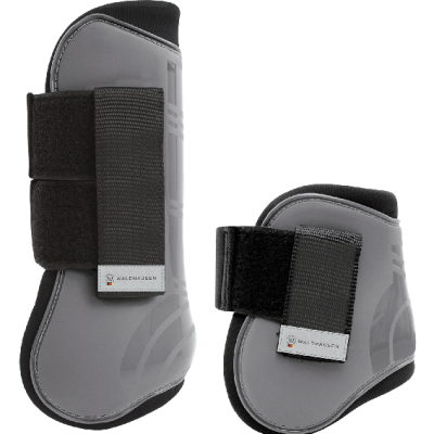 Boots de proteção cinzentas para cavalos com tiras de velcro pretas