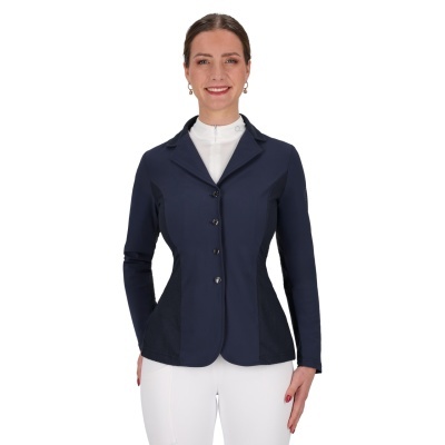 Casaco feminino azul escuro com detalhes pretos e botões frontais