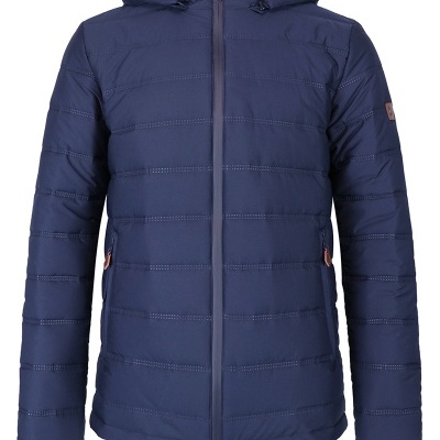 Casaco azul escuro acolchoado com capuz e fecho de correr