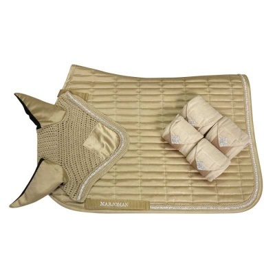 Conjunto de manta de sela, bandagens e proteção para orelhas em bege para equitação