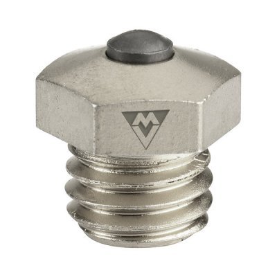 Parafuso metálico prateado com cabeça hexagonal e ponta preta arredondada