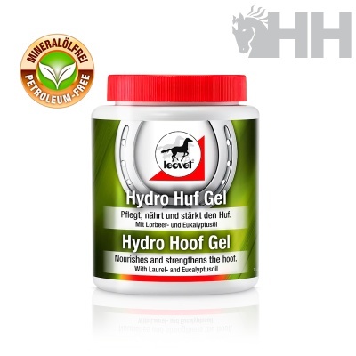 Frasco de gel para cascos Hydro Hoof Gel da Leovet com rótulo verde e tampa vermelha