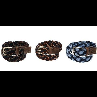 Três cintos trançados em preto, castanho e azul com fivelas metálicas e detalhes em couro.